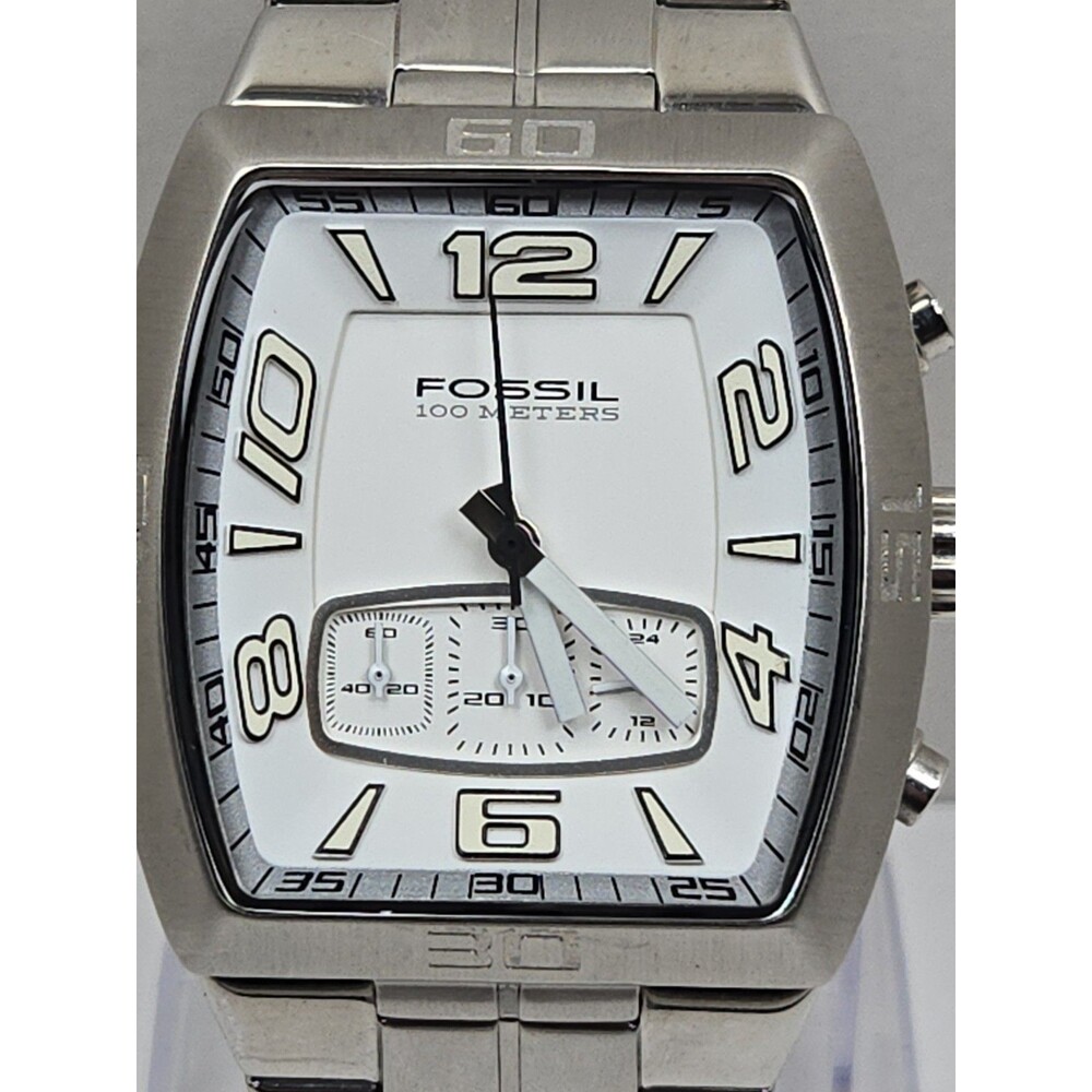 Mens Fossil 41mm Chrono Silver Watch Stainless Steel White Dial 100M New Battery - Picture 4 of 11